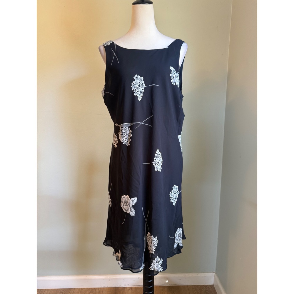 Jones New York Dress vintage 16 Black White Floral Sleeveless Midi Shift boho y2